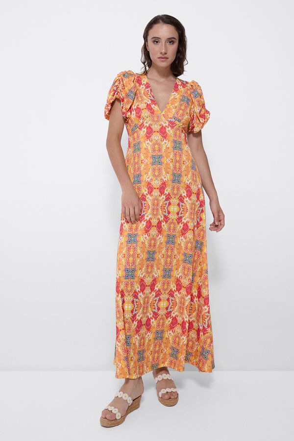 Cupl&eacute; Vestido de malha com estampado caxemira e mangas abalonadas Laranja