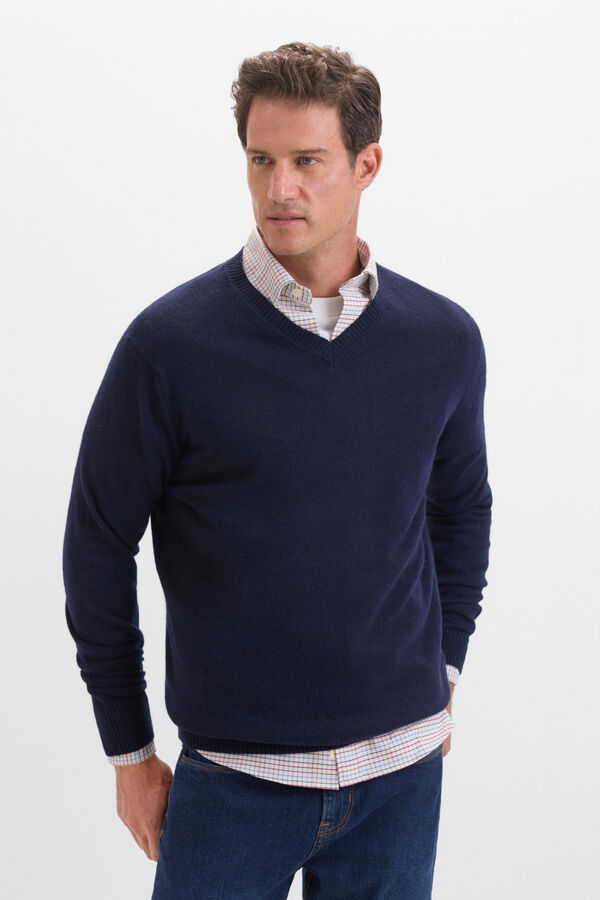 Cortefiel Jersey lana lambswool cuello pico Azul marino