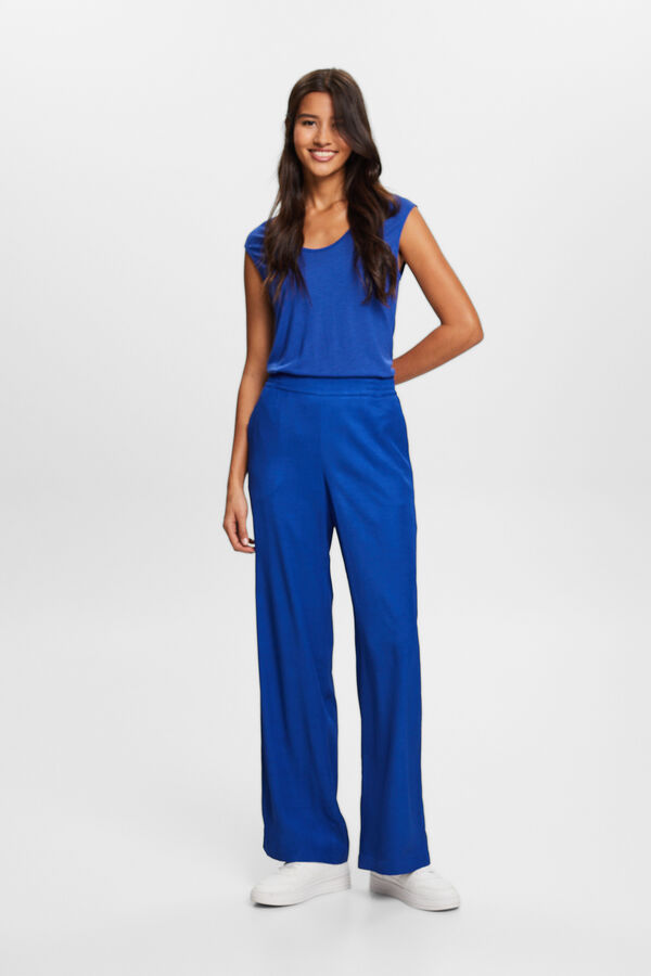 Esprit Cal&ccedil;as largas e flu&iacute;das de viscose com tecido monocolor Azul