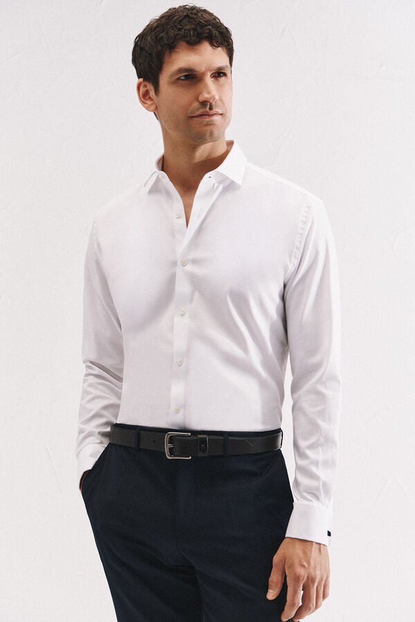 Cortefiel Camisa slim fit com abotoaduras e f&aacute;cil engomar Branco