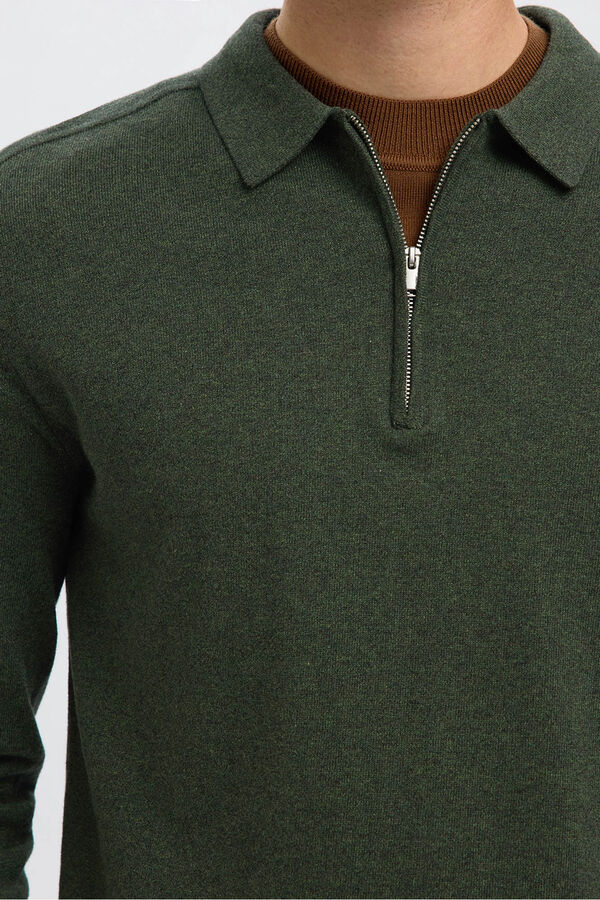 Selected Jersey polo media cremallera 100% algod&oacute;n. Verde oscuro