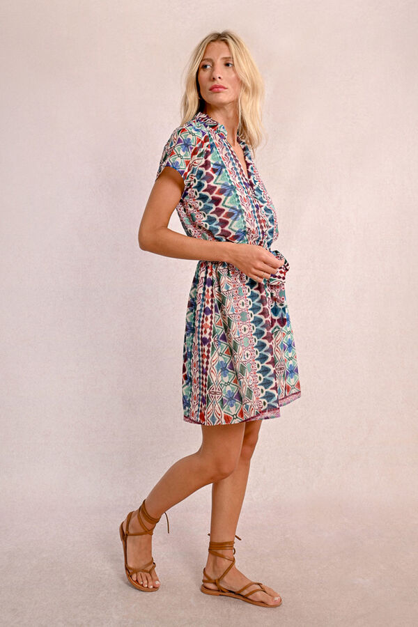 Molly Bracken Vestido de manga curta com folhos, la&ccedil;ada e estampado Multicolorido