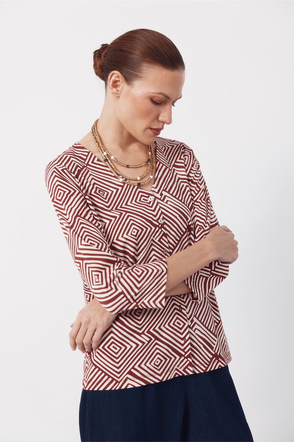 Cortefiel Blusa com decote em v e bot&otilde;es. Multicolorido