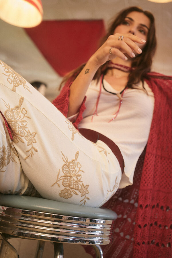 Slowlove Pantal&oacute;n bordado algod&oacute;n Beige