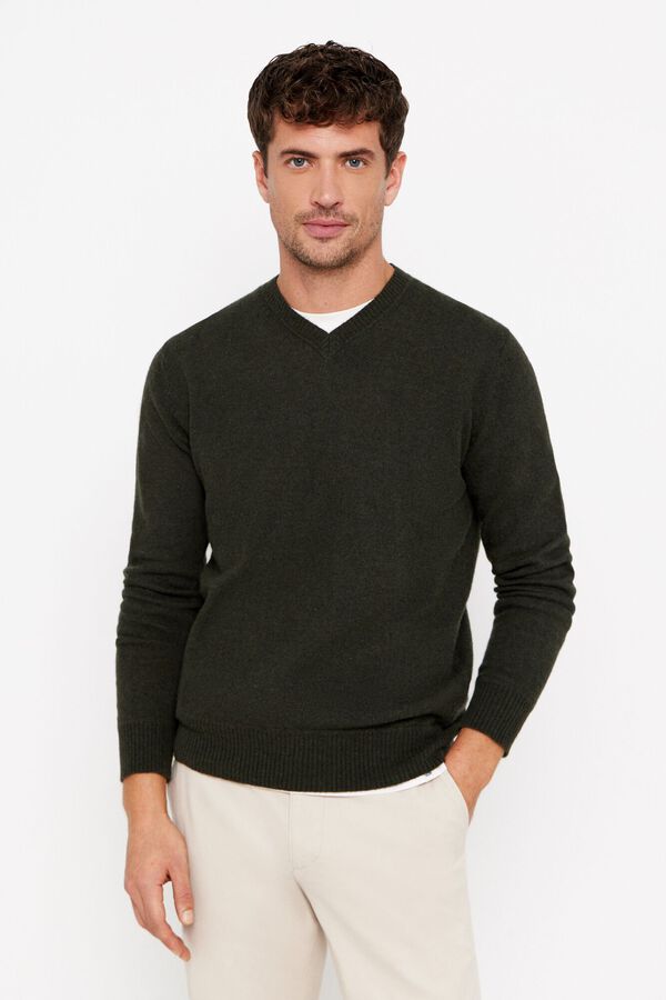 Cortefiel Camisola l&atilde; lambswool gola em bico Verde