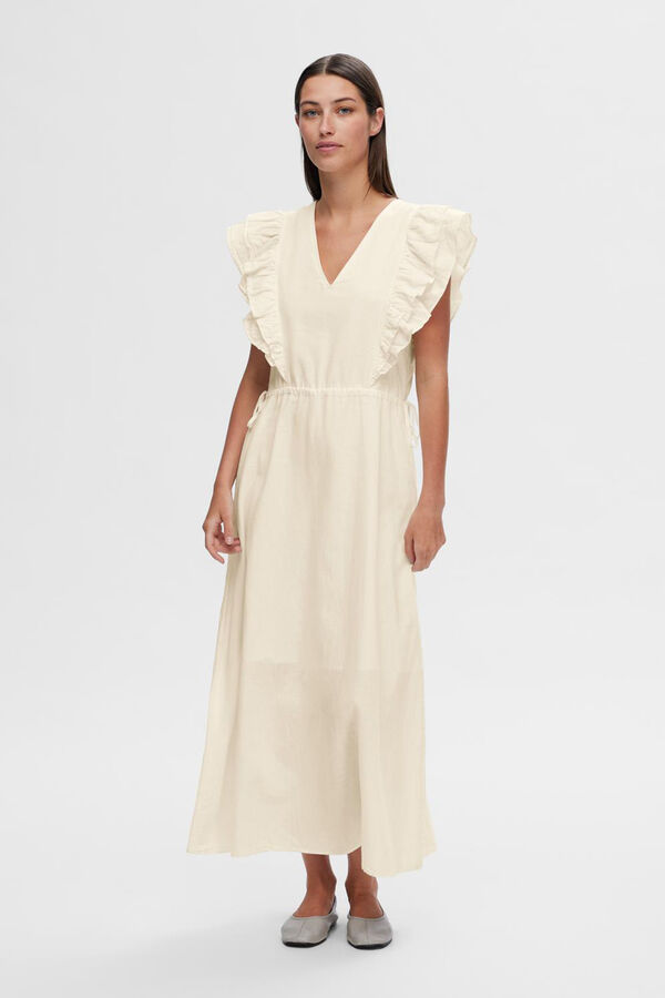 Selected Femme Vestido Midi confecionado com linho orgânico.  Branco