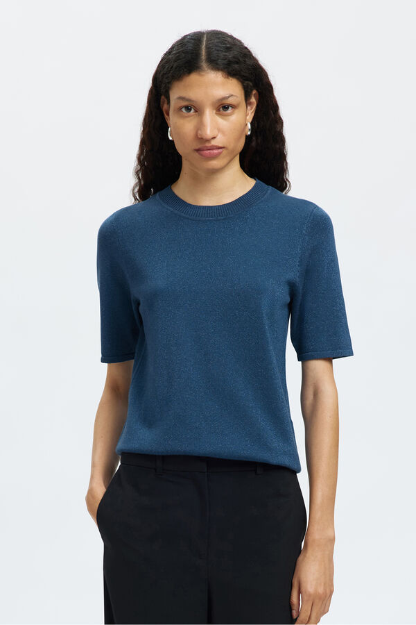 Selected Top de manga curta com glitter Azul