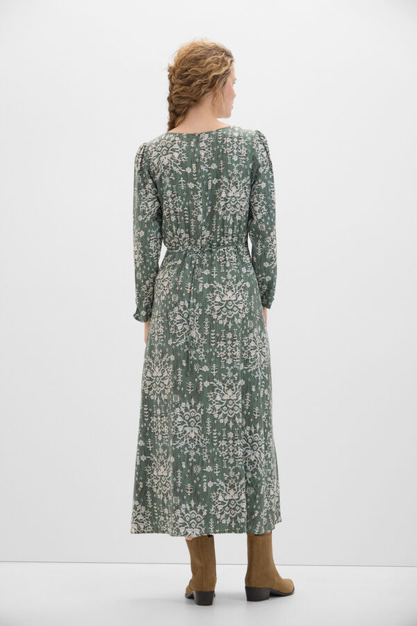 Cortefiel Vestido midi fruncido Estampado verde
