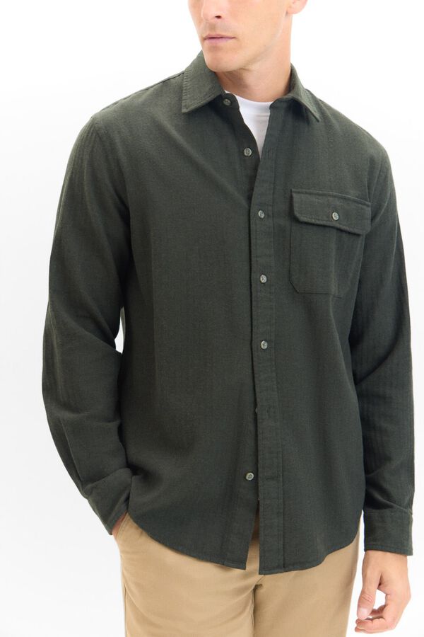 Cortefiel Camisa lisa de flanela Verde