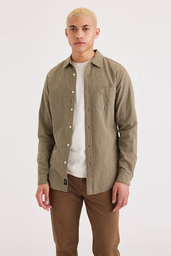 Dockers Camisa para homem Icon Slim Fit com bot&otilde;es Castanho
