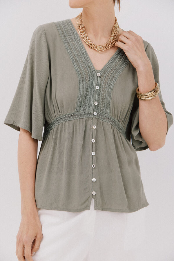 Cortefiel Blusa encaje volantes Kaki