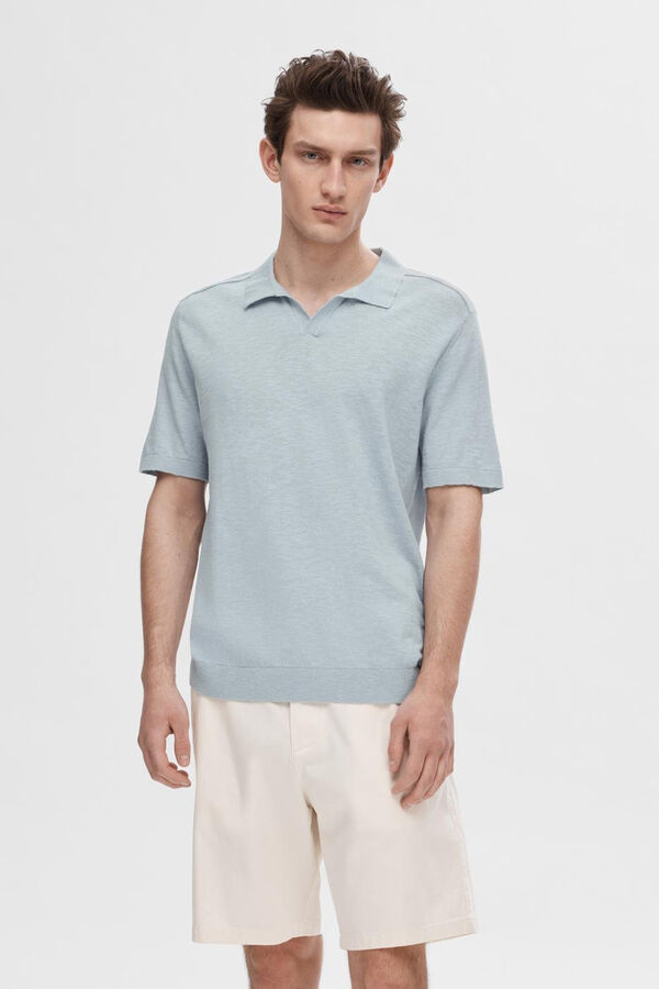 Selected Polo de manga curta confecionado com linho e algod&atilde;o.  Azul