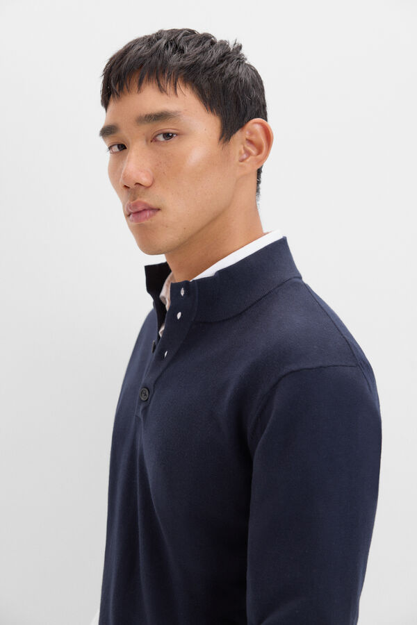 Cortefiel Jersey algod&oacute;n cashmere cuello alto botones Azul marino