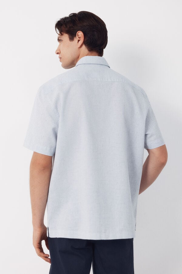 Cortefiel Camisa em algod&atilde;o e linho aos quadrados de manga curta Azul