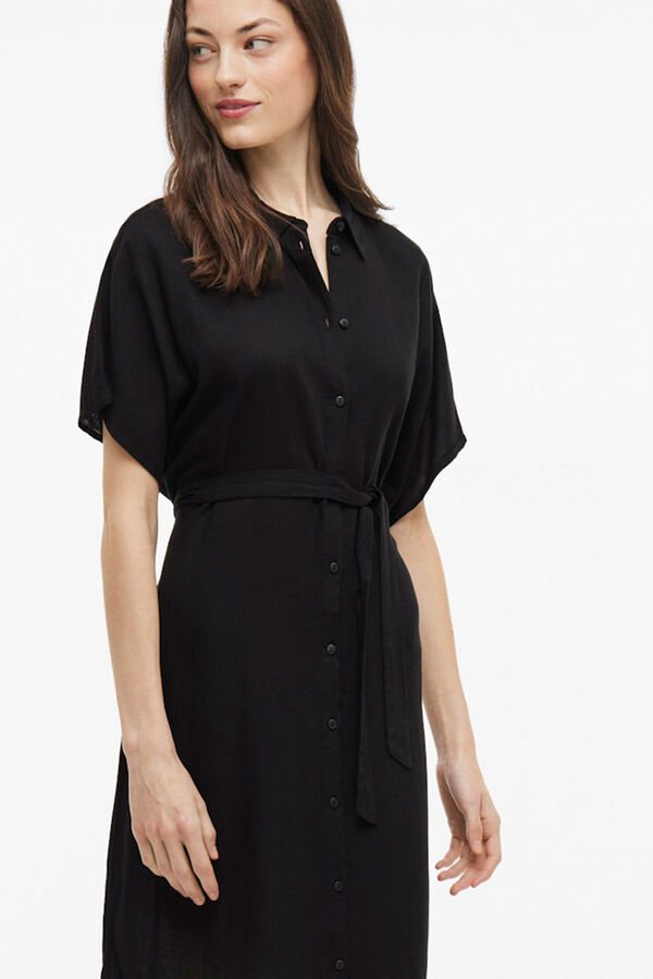 Vila Vestido camisero midi de viscosa y lino Negro