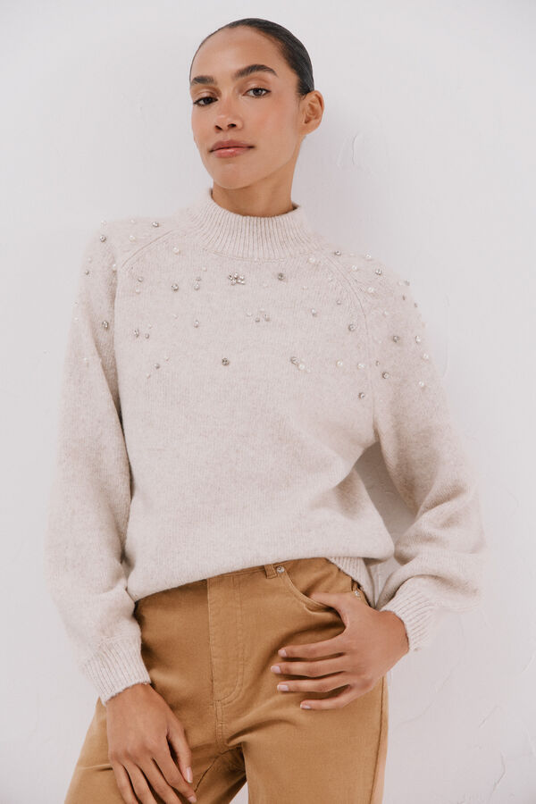 Cortefiel Jersey strass y perlas Marfil