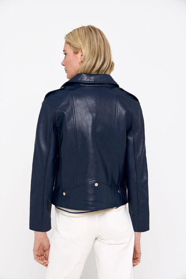 Cortefiel Cazadora piel biker corta Azul marino