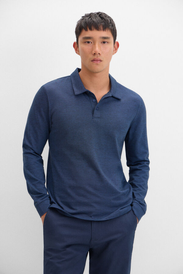 Cortefiel Polo algod&oacute;n tencel manga larga Azul marino