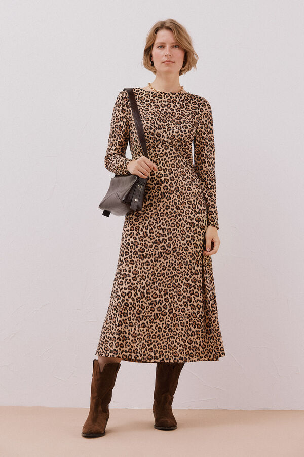 Cortefiel Vestido frunce pecho Estampado beige