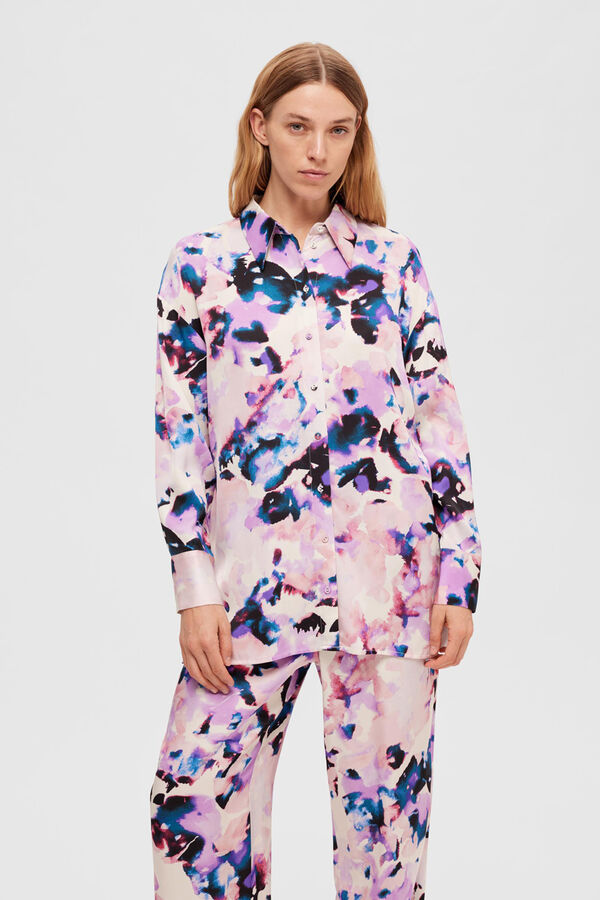 Selected Femme Camisa larga satinada con print confeccionada con Lenzing ECOVERO Lila