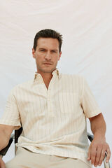 Cortefiel Camiseta riscas de algod&atilde;o e linho de manga curta Ecru