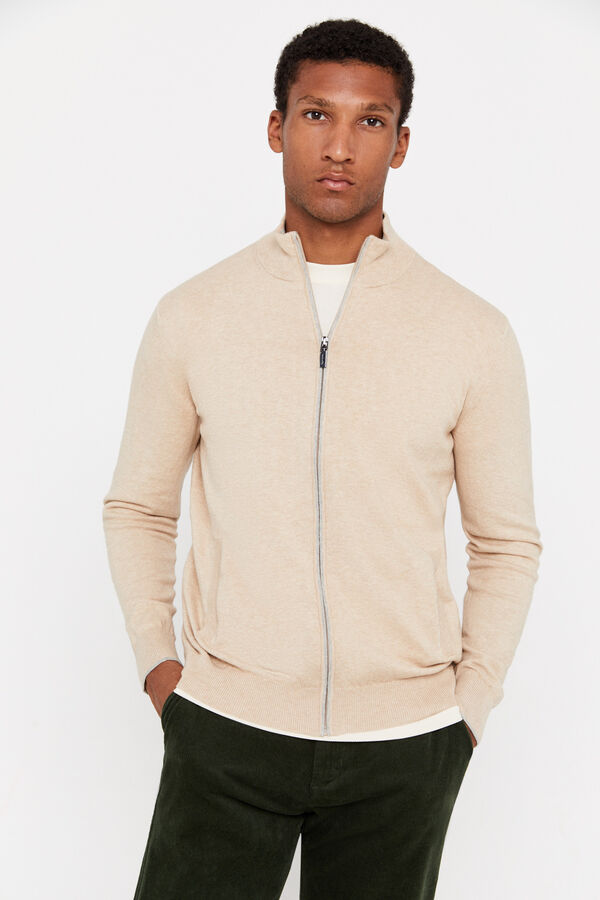 Cortefiel Casaco de malha de algod&atilde;o com caxemira e fecho-&eacute;clair Tostado