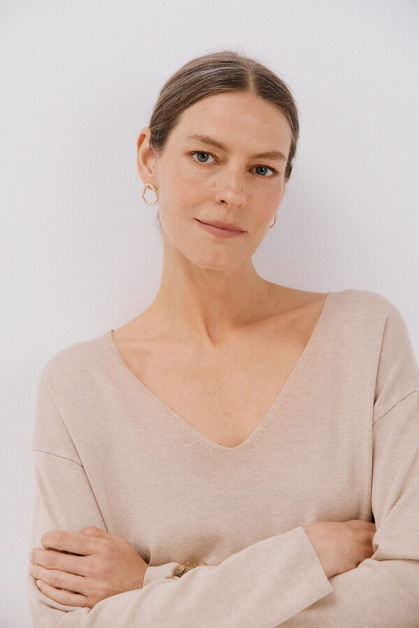 Cortefiel Camisola de malha decote bico Tostado