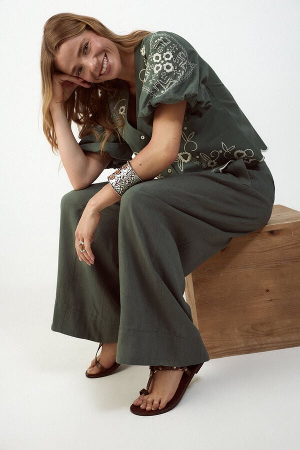 Slowlove Blusa bordado manga farol Kaki