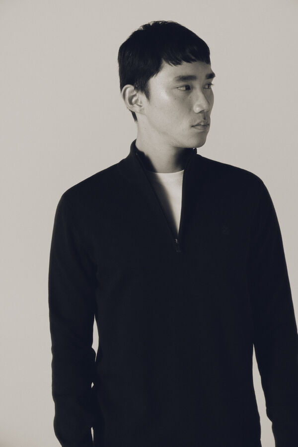 Cortefiel Camisola de malha de algod&atilde;o com gola com fecho-&eacute;clair Azul