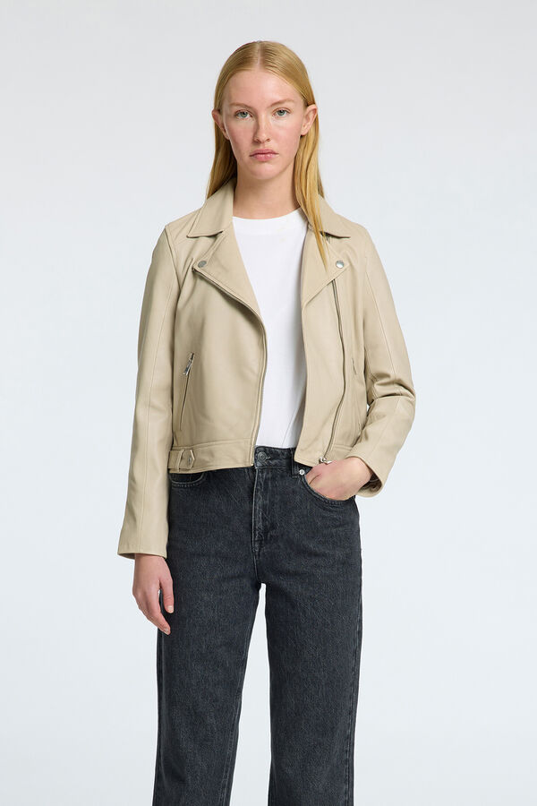 Selected Cazadora Biker Cropped 100% piel. Beige