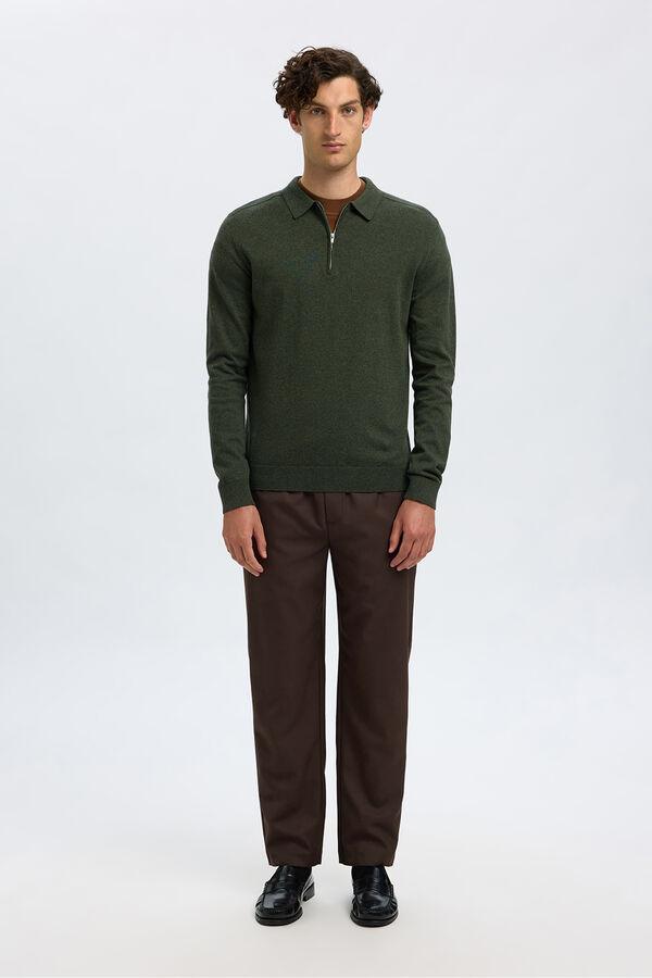 Selected Jersey polo media cremallera 100% algod&oacute;n. Verde oscuro
