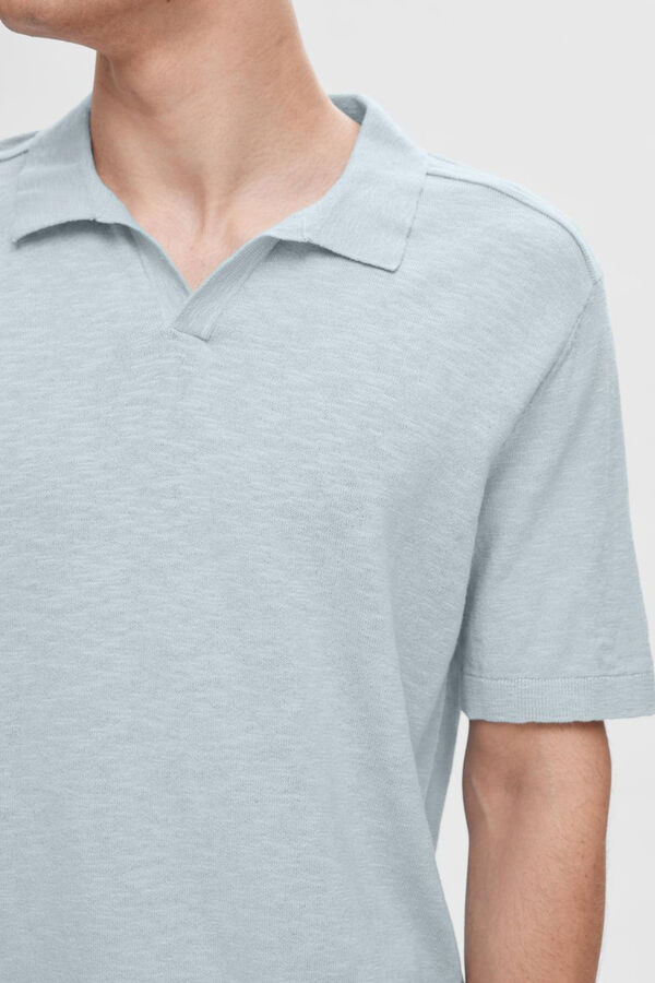 Selected Polo de manga curta confecionado com linho e algod&atilde;o.  Azul