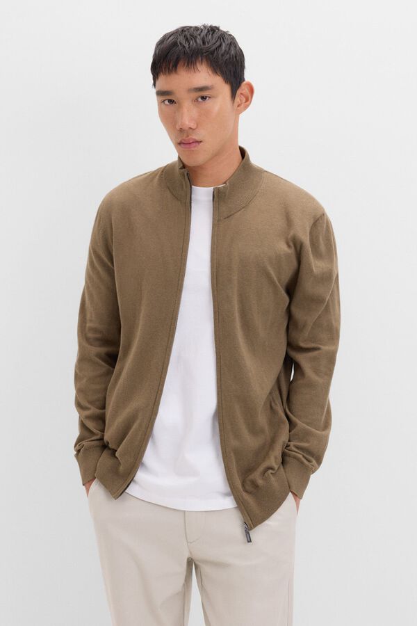 Cortefiel Casaco de malha de algod&atilde;o com caxemira e fecho-&eacute;clair Verde