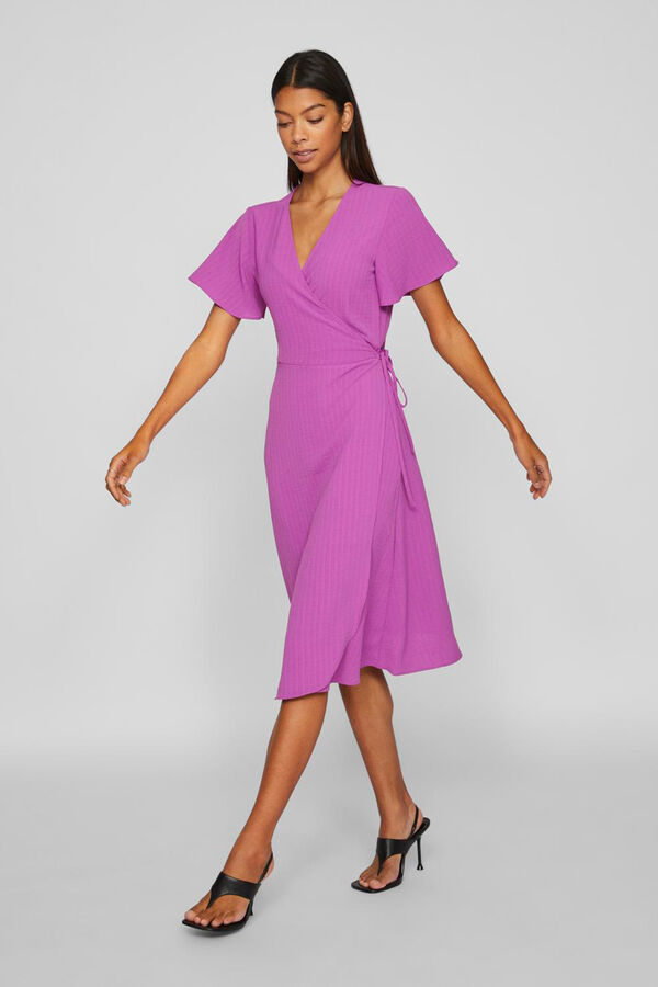 Vila Vestido midi de manga corta cruzado Fucsia