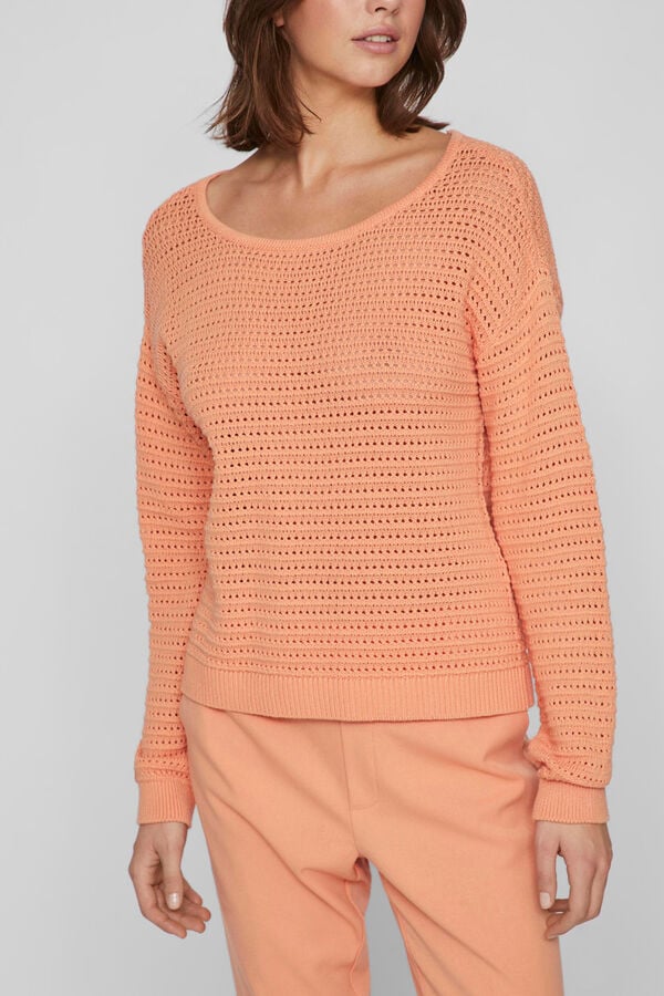 Vila Camisola de malha decote barco de algodão Vermelho