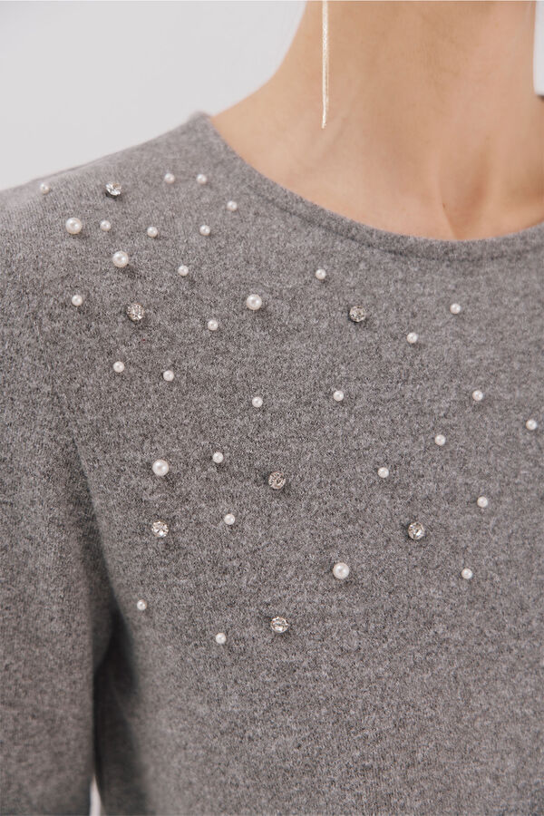 Cortefiel Camiseta detalle perlas y strass Gris