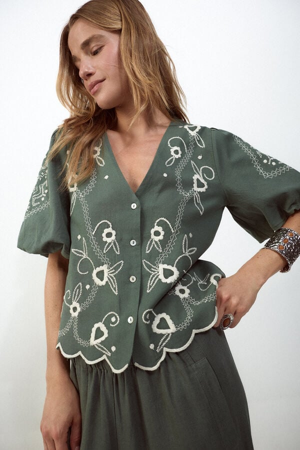 Slowlove Blusa bordado manga farol Kaki