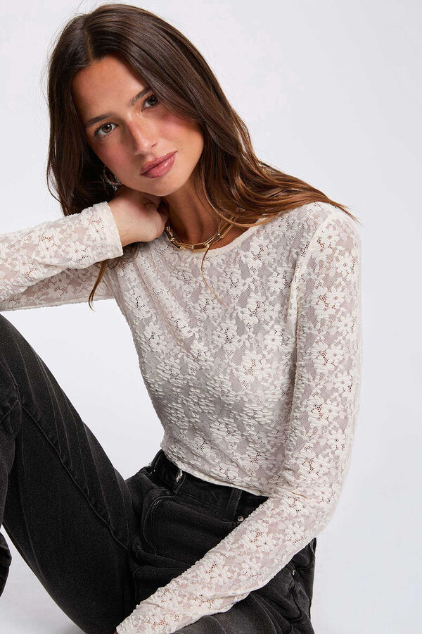 Morgan T-shirt cintada de renda Ecru