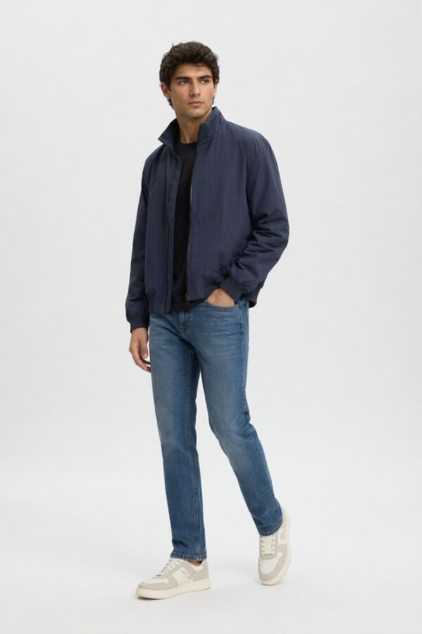 Selected Blus&atilde;o bomber para homem liso com fecho-&eacute;clair Azul