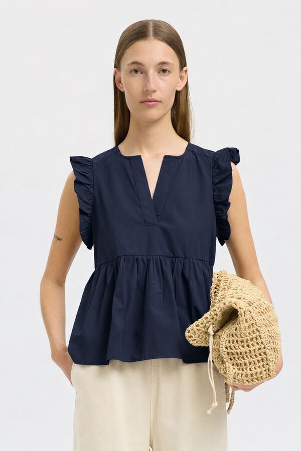 Selected Blusa sin mangas y volantes Azul marino
