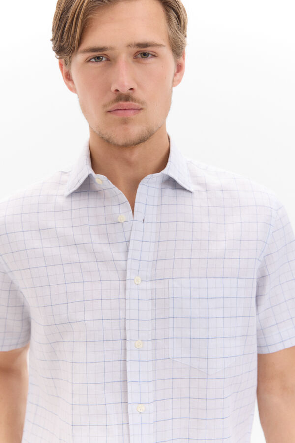 Cortefiel Camisa lino algod&oacute;n cuadros manga corta Azul oscuro