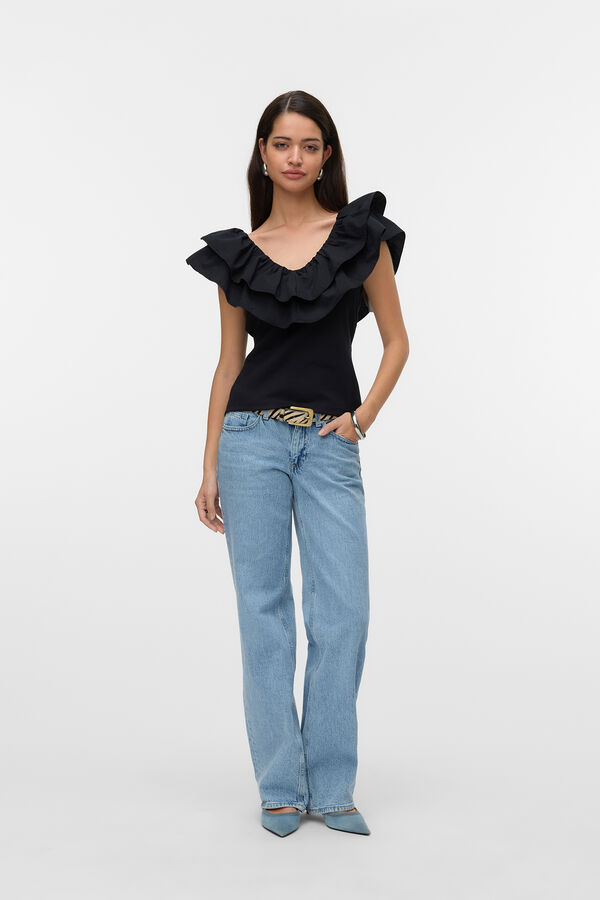 Vero Moda Blusa de algod&atilde;o com folho Preto