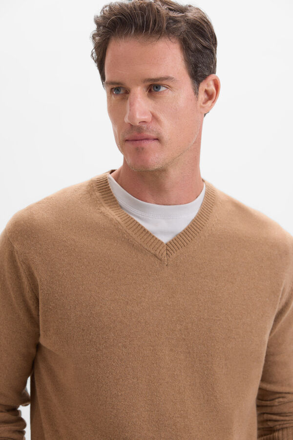 Cortefiel Jersey lana lambswool cuello pico Camel