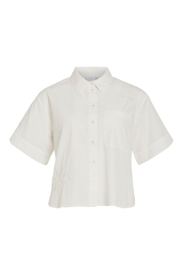 Vila Camisa de manga curta com bordados vazados em algod&atilde;o org&acirc;nico Branco