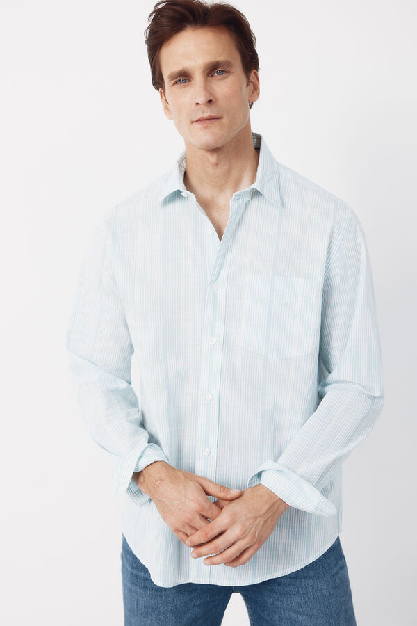 Cortefiel Camisa de riscas em algod&atilde;o slub Azul