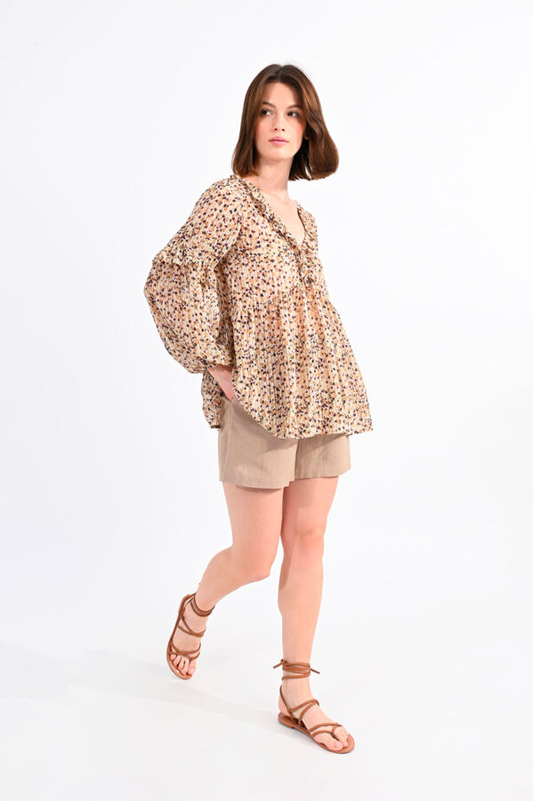 Molly Bracken Blusa de mujer de manga larga plisada con estampado Beige