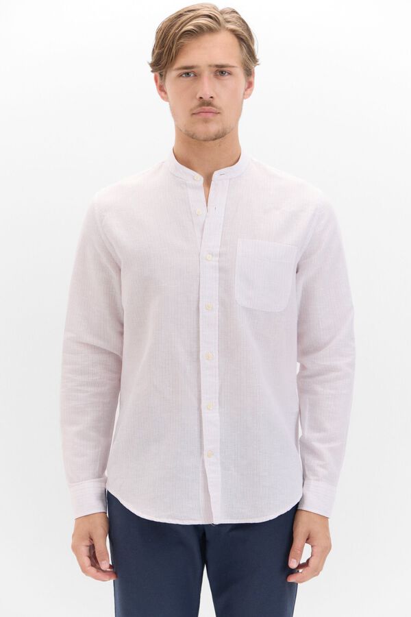 Cortefiel Camisa lino algod&oacute;n rayas cuello mao Rosa