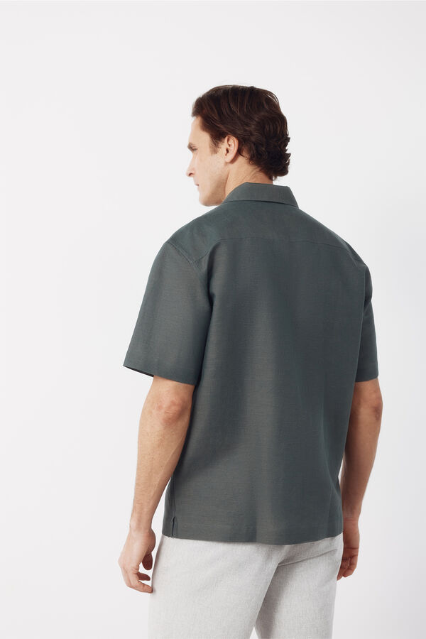 Cortefiel Camisa em linho e algod&atilde;o lisa com gola bowling Verde