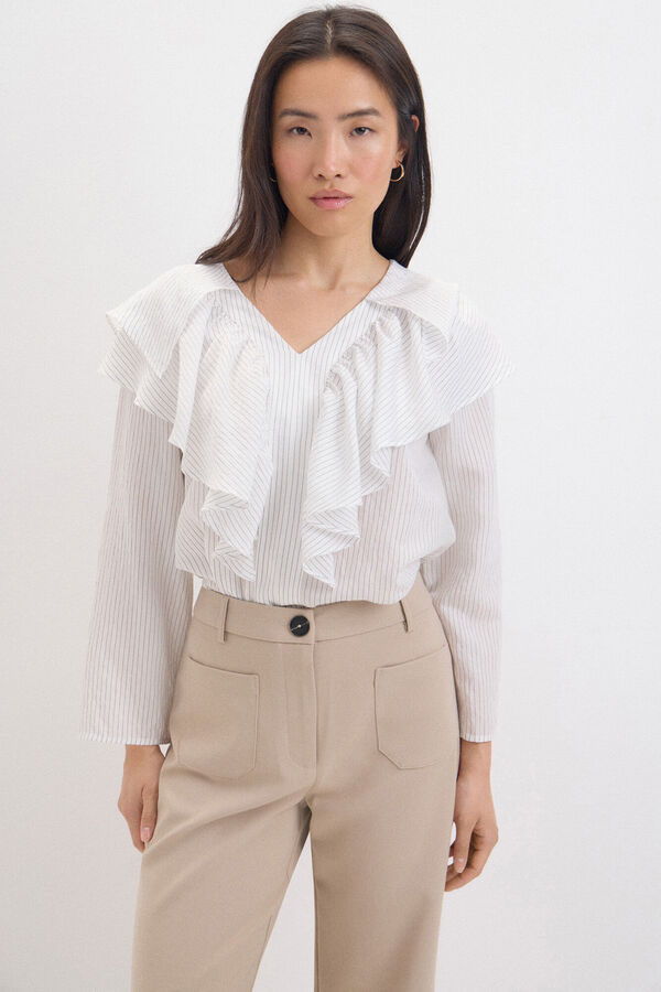 Cortefiel Blusa de rayas con volantes Estampado blanco