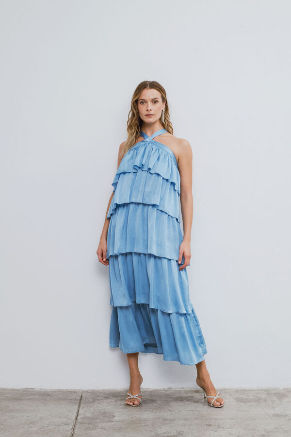 Vila Vestido de festa comprido com folhos Azul